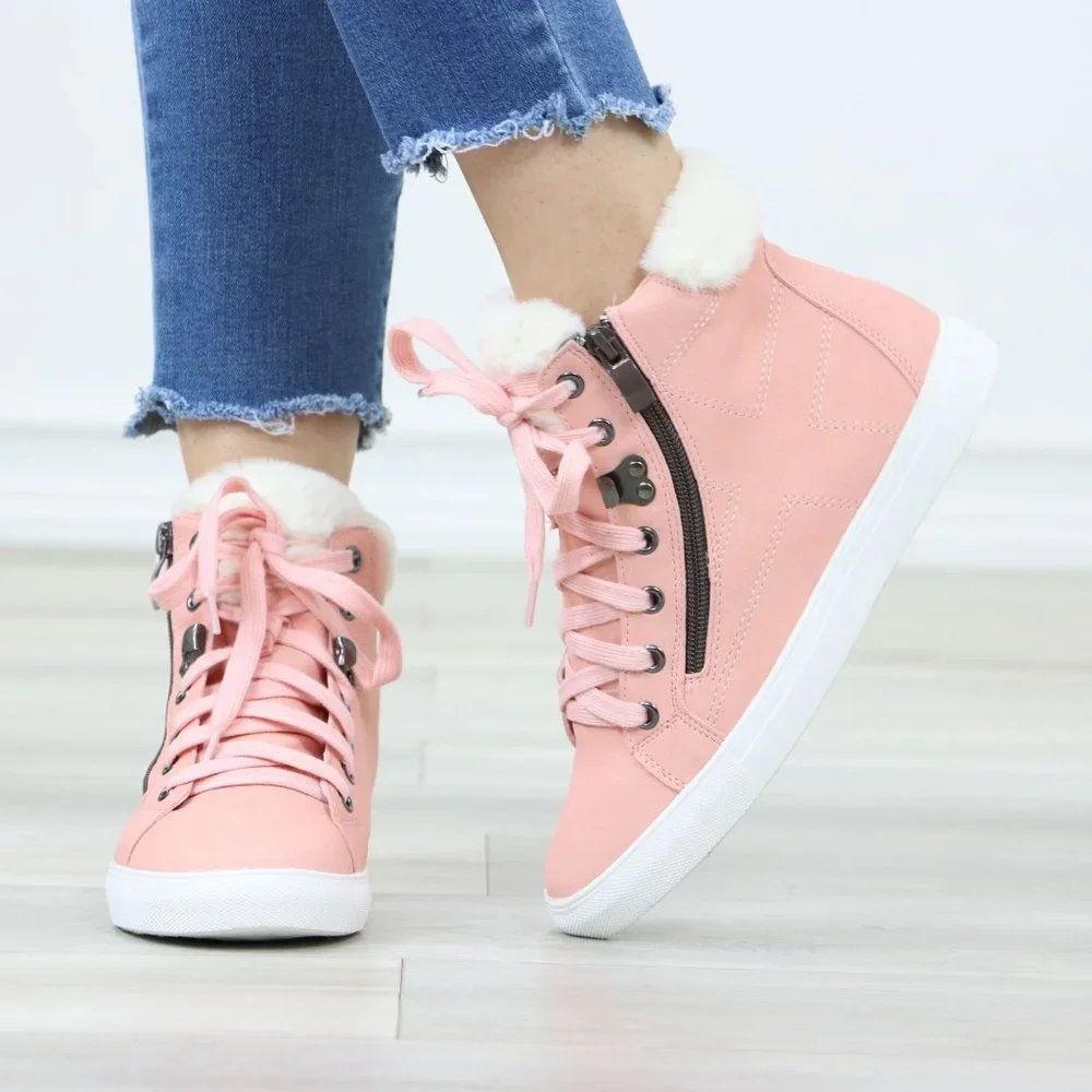 Pink Fashion High Tops Sneakers Shoes Fuzzy Ankle - Picture 9 of 11